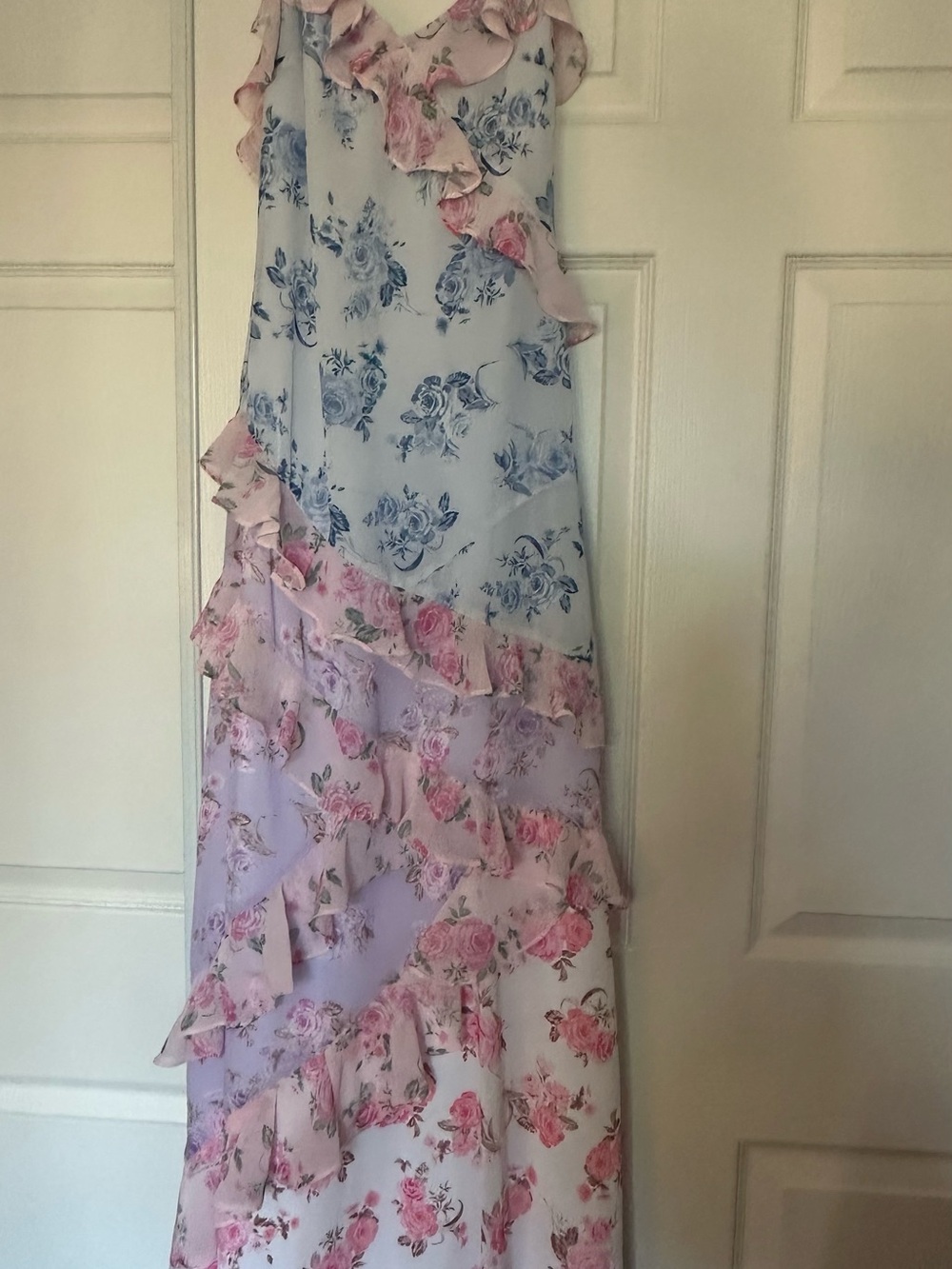 Altar'd State Pink & Blue Floral Ruffle Maxi Dress